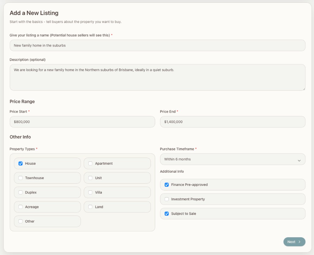 The buyer-listing wizard's basics screen: listing name, description, price range, property type, timeframe.