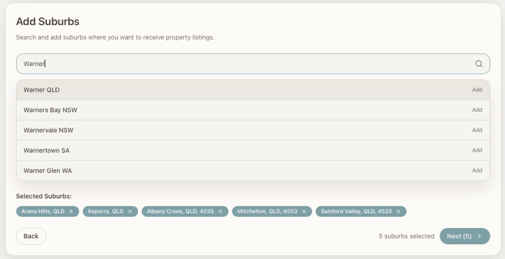 The buyer-listing wizard's suburb-search screen with selected-suburb chips.