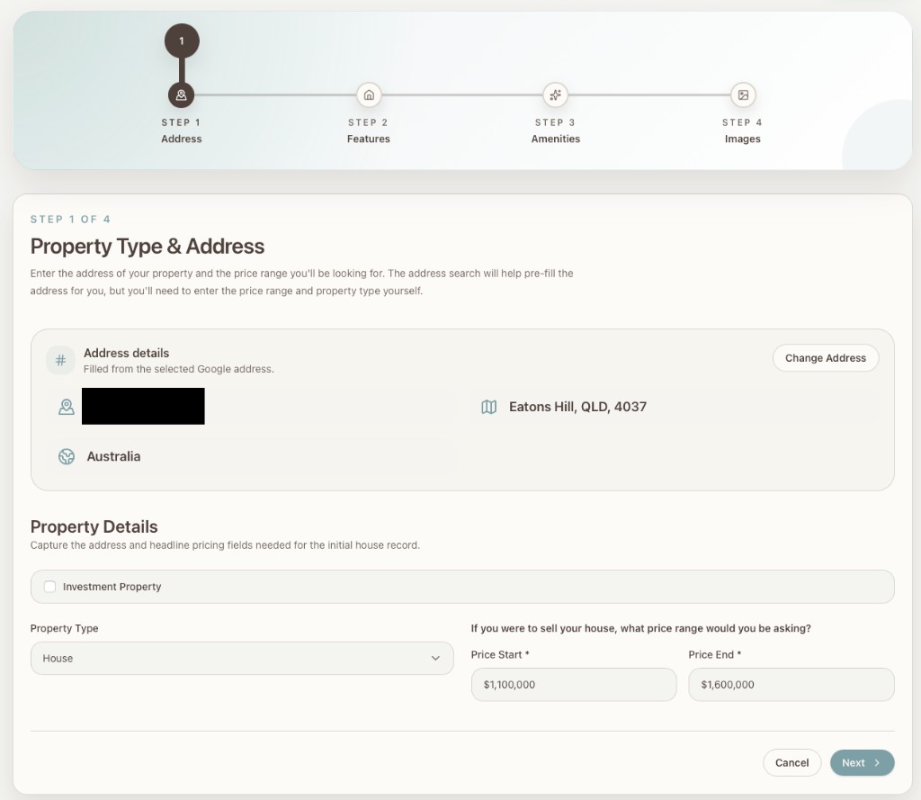 The property wizard at step 1: address and property type.