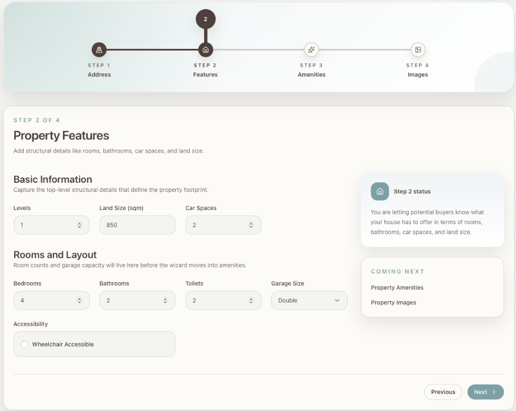 The property wizard at step 2: basic information (levels, land size, car spaces) and rooms (bedrooms, bathrooms, toilets, garage).