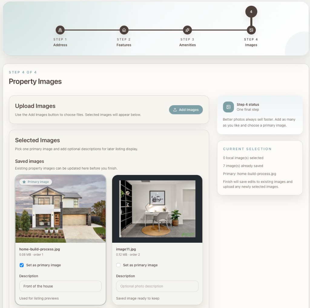 The property wizard at step 4: uploading and selecting photos for the property.