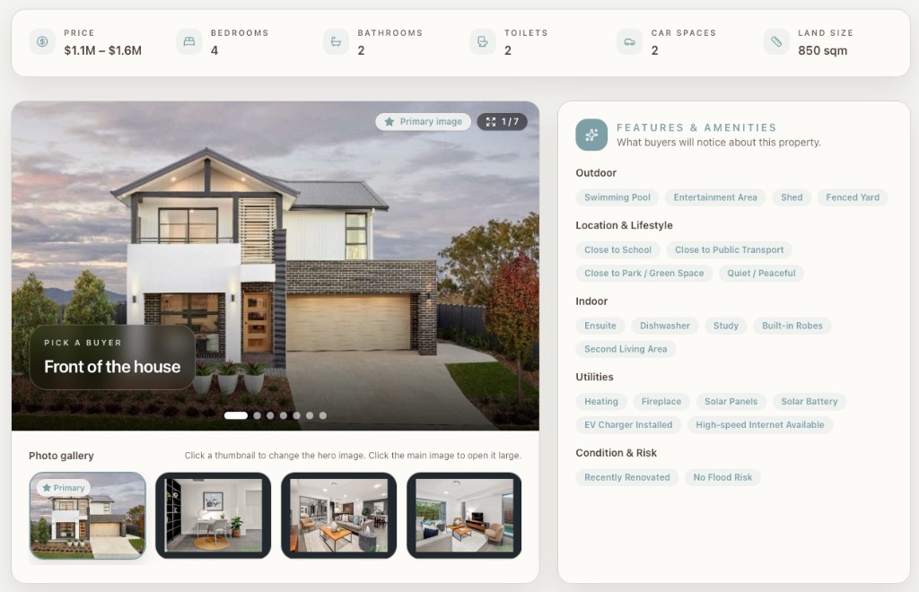 The published property detail: price, bedrooms, bathrooms, photo gallery, and feature chips.