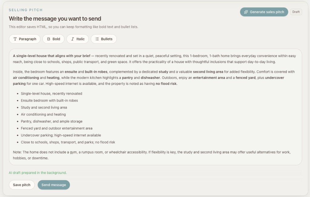 An AI-drafted opening message tailored to a specific buyer's wishlist, ready for the seller to tweak and send.